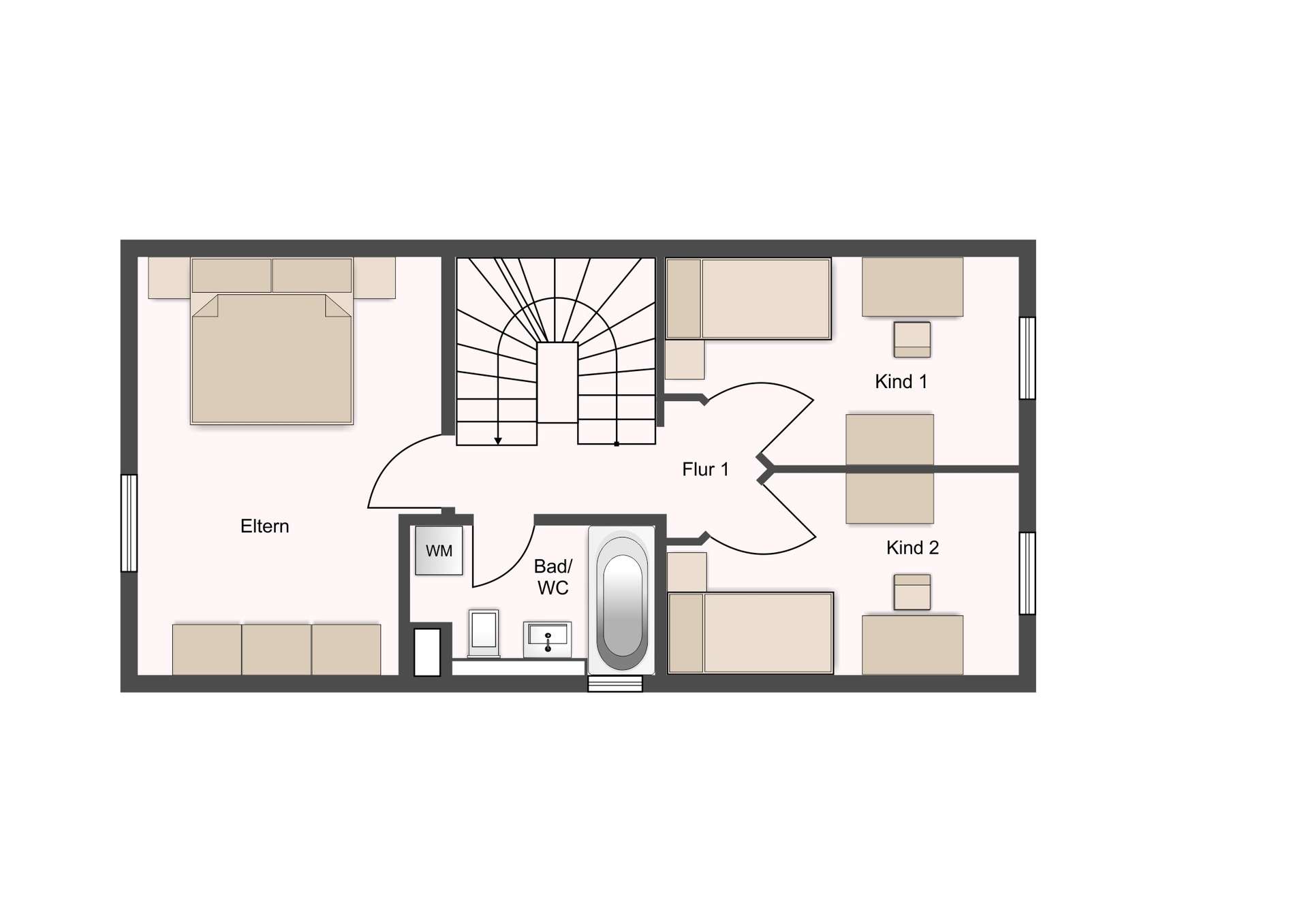 Floor plan of a home showing stairs in the center, with Eltern bedroom left, two kids' rooms (Kind 1 and Kind 2) on the right, and a bathroom area in the bottom center; labels indicate rooms and furniture.