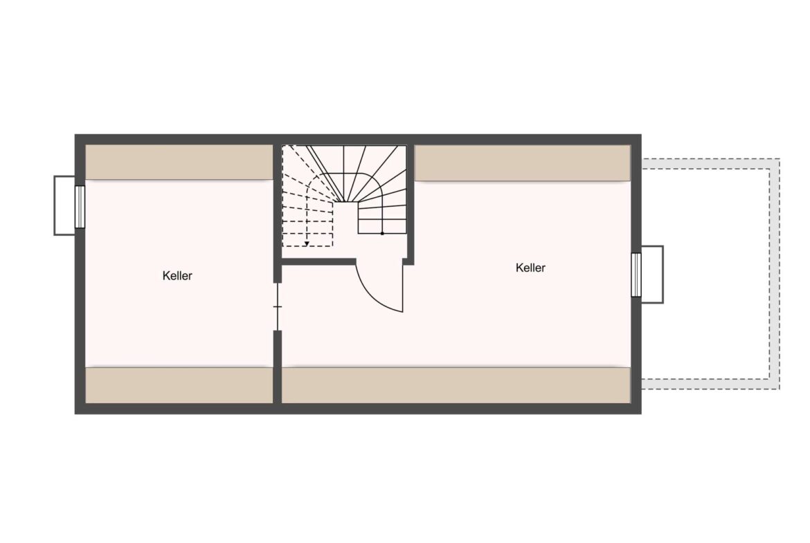 Basement floor plan with two rooms labeled Keller, a central curved staircase, and beige storage alcoves along the top and bottom walls; left and right doors visible.