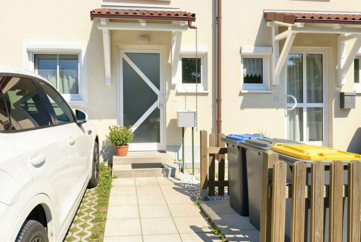 Front entrance of a beige house with a white-framed door, small window, and a parked white car to the left.