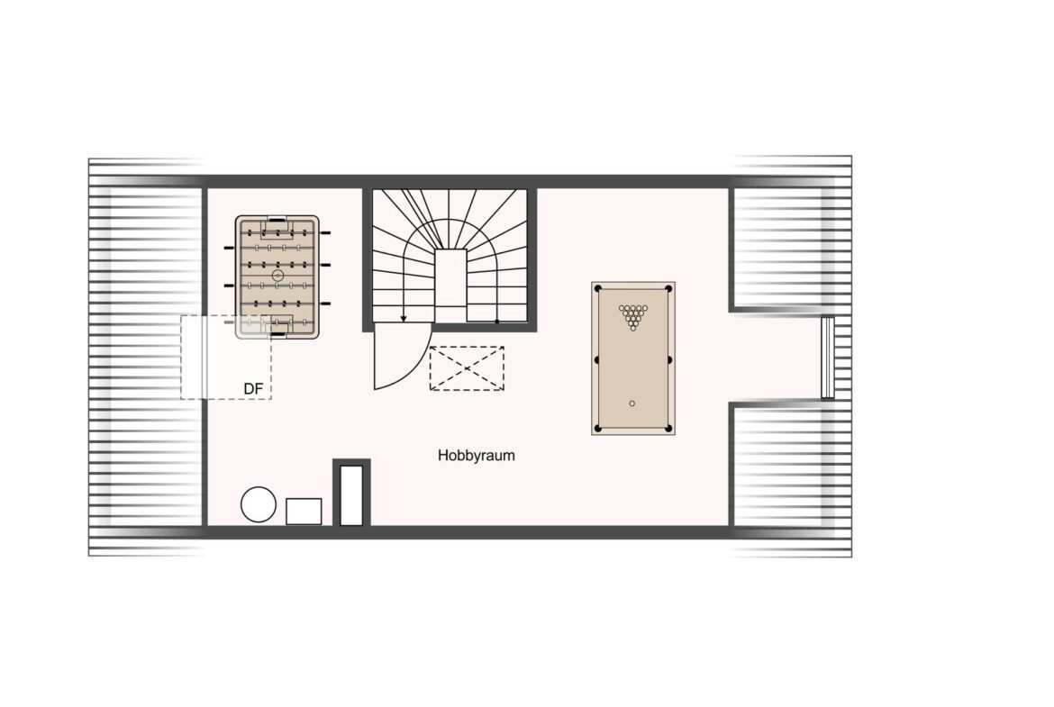 Top-down floor plan of a hobby room with a spiral staircase at the center, a foosball table on the left, and a pool table on the right near the walls.
