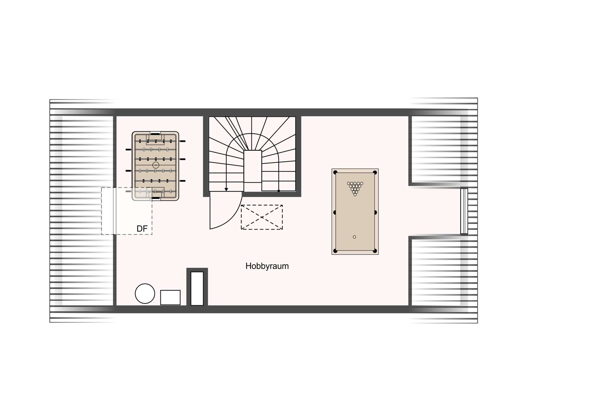 Top-down floor plan of a hobby room with a spiral staircase at the center, a foosball table on the left, and a pool table on the right near the walls.