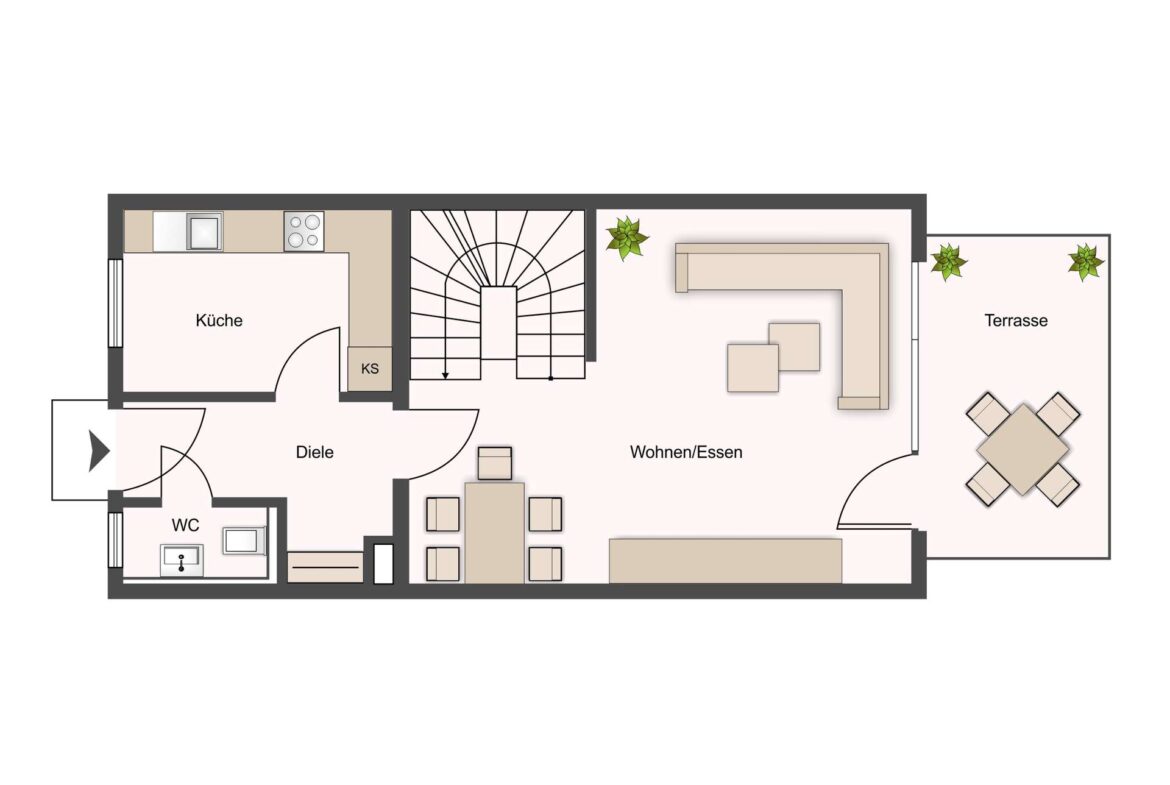 Top-down layout of an apartment: Küche with sink and stove, Diele, Wohnen/Essen with sofa, spiral staircase, Terrasse with outdoor dining and plants.