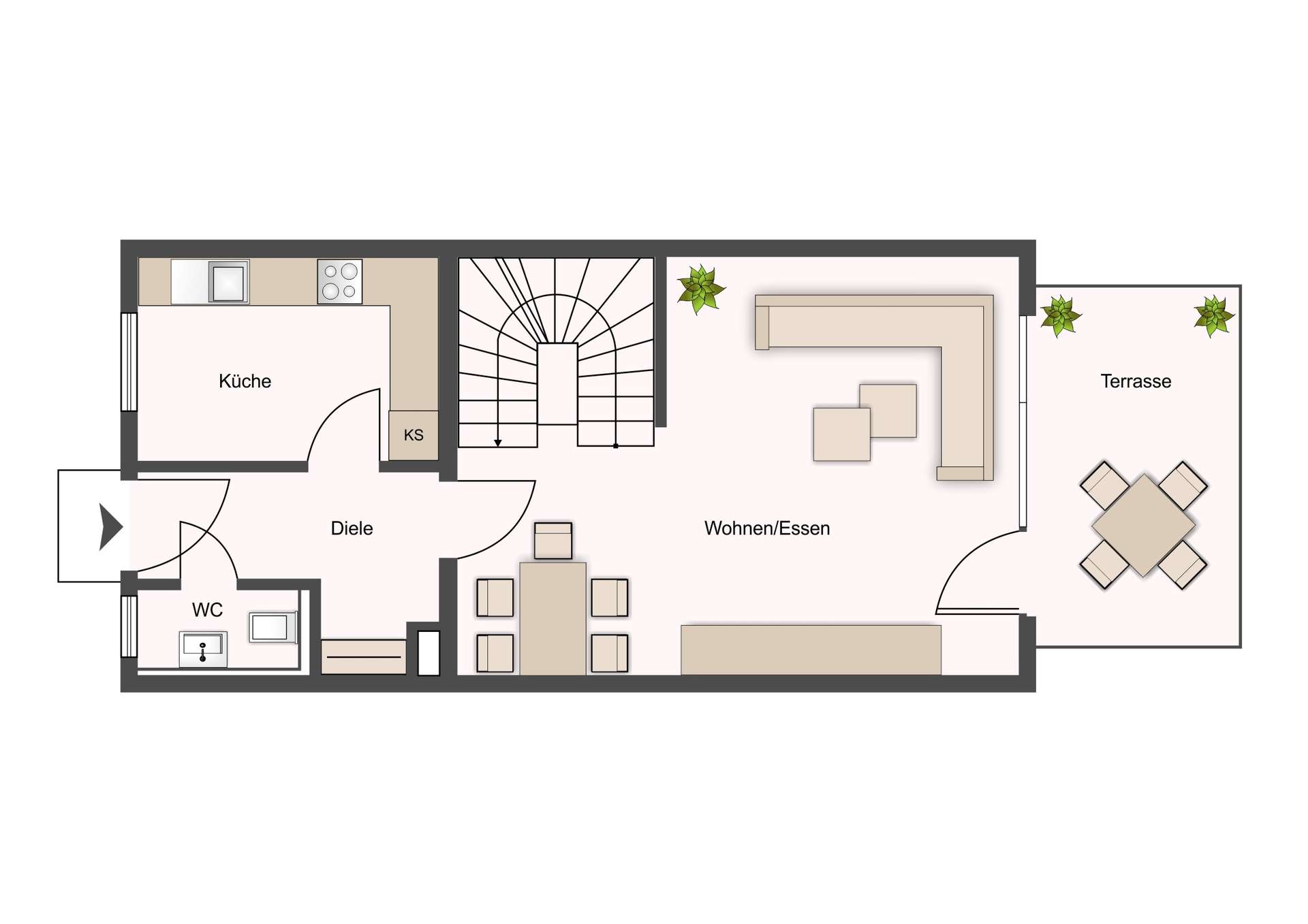 Top-down layout of an apartment: Küche with sink and stove, Diele, Wohnen/Essen with sofa, spiral staircase, Terrasse with outdoor dining and plants.