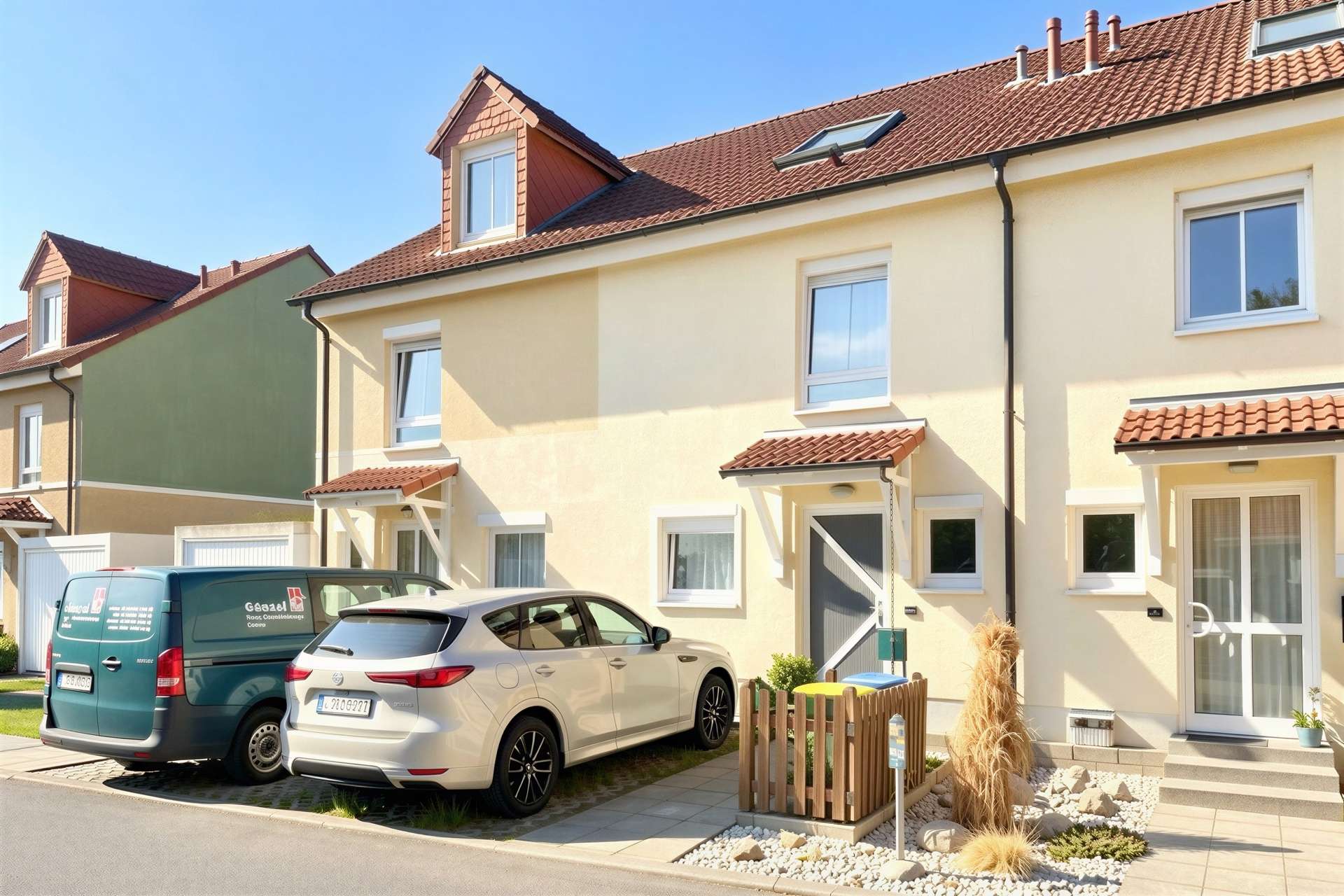 Row of beige townhouses with red-tiled roofs under a clear blue sky; two cars parked in the driveway and a wooden fence in the front yard.