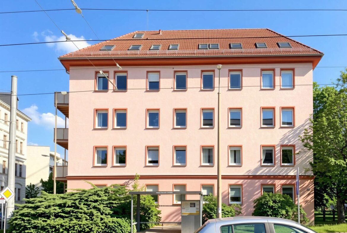 Pink four-story building with a red-tiled roof and rows of rectangular windows beneath a clear blue sky, street-level greenery in front.