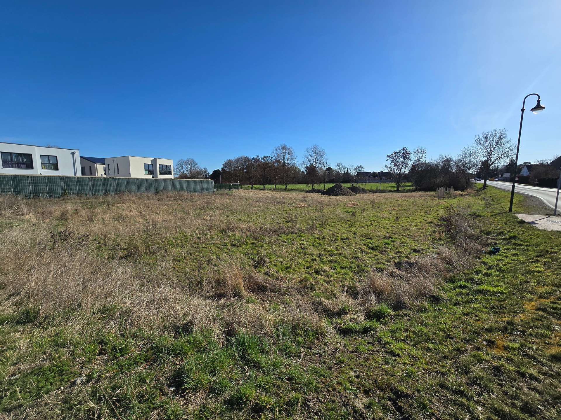 Wide view of an undeveloped grassy field beside modern houses, with a fence, trees, and a streetlamp against a clear blue sky.