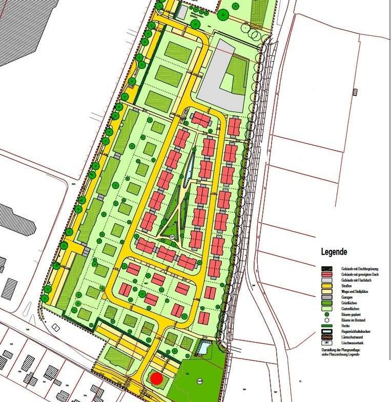 Site plan of a residential development showing red housing blocks, yellow roads, green lawns and trees, and a right-side legend.