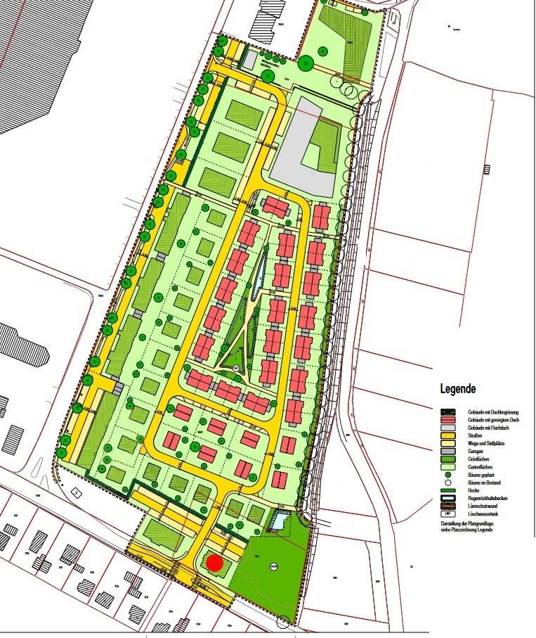 Site plan of a residential development showing red housing blocks, yellow roads, green lawns and trees, and a right-side legend.