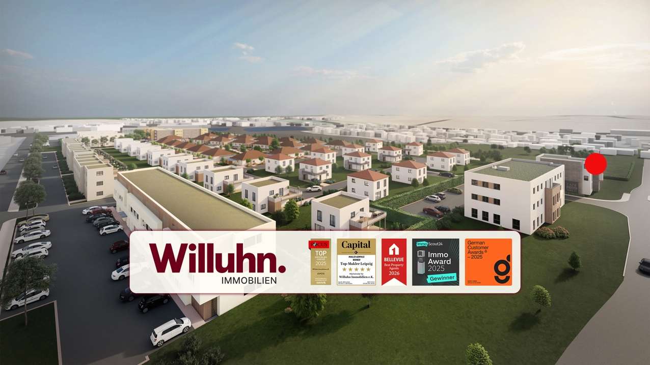 Aerial view of a suburban housing development with white modern homes and a large Willuhn Immobilien banner in the foreground with award badges nearby, sunny sky.