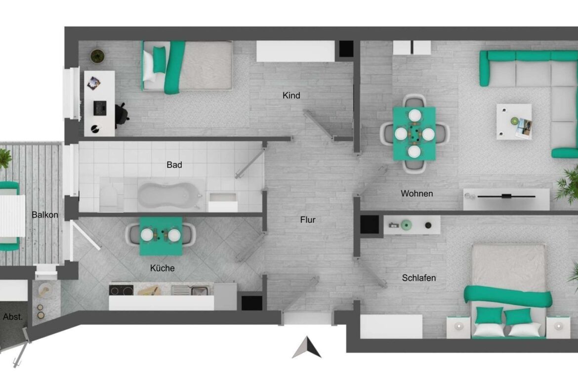 Floor plan of an apartment: living and dining area with turquoise sofa, kitchen, bedroom, bathroom, hallway, and balcony.