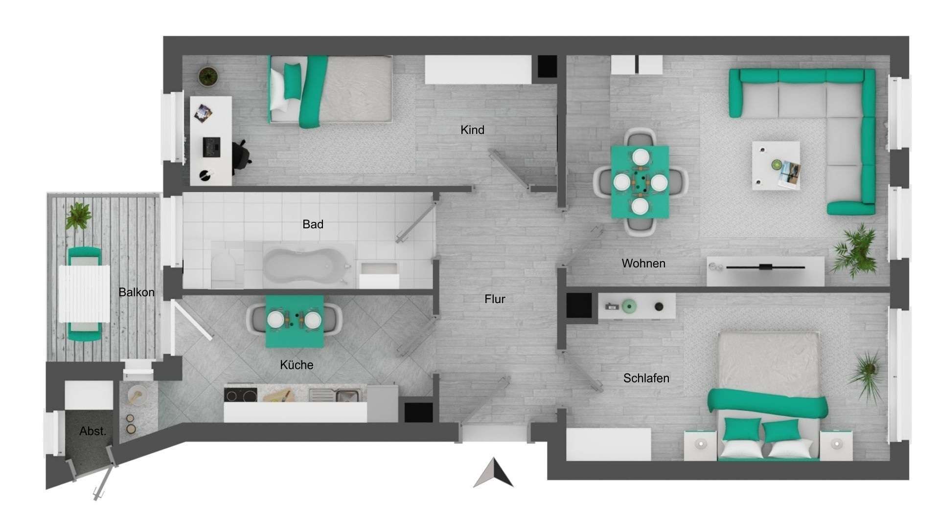Floor plan of an apartment: living and dining area with turquoise sofa, kitchen, bedroom, bathroom, hallway, and balcony.