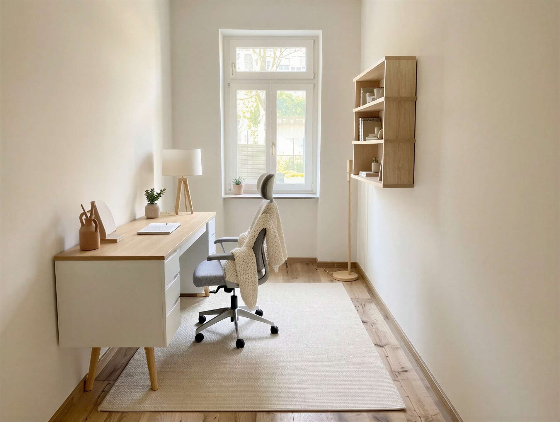 Bright narrow home office with a wooden desk, swivel chair, window at the far end, and wall shelves on the right.
