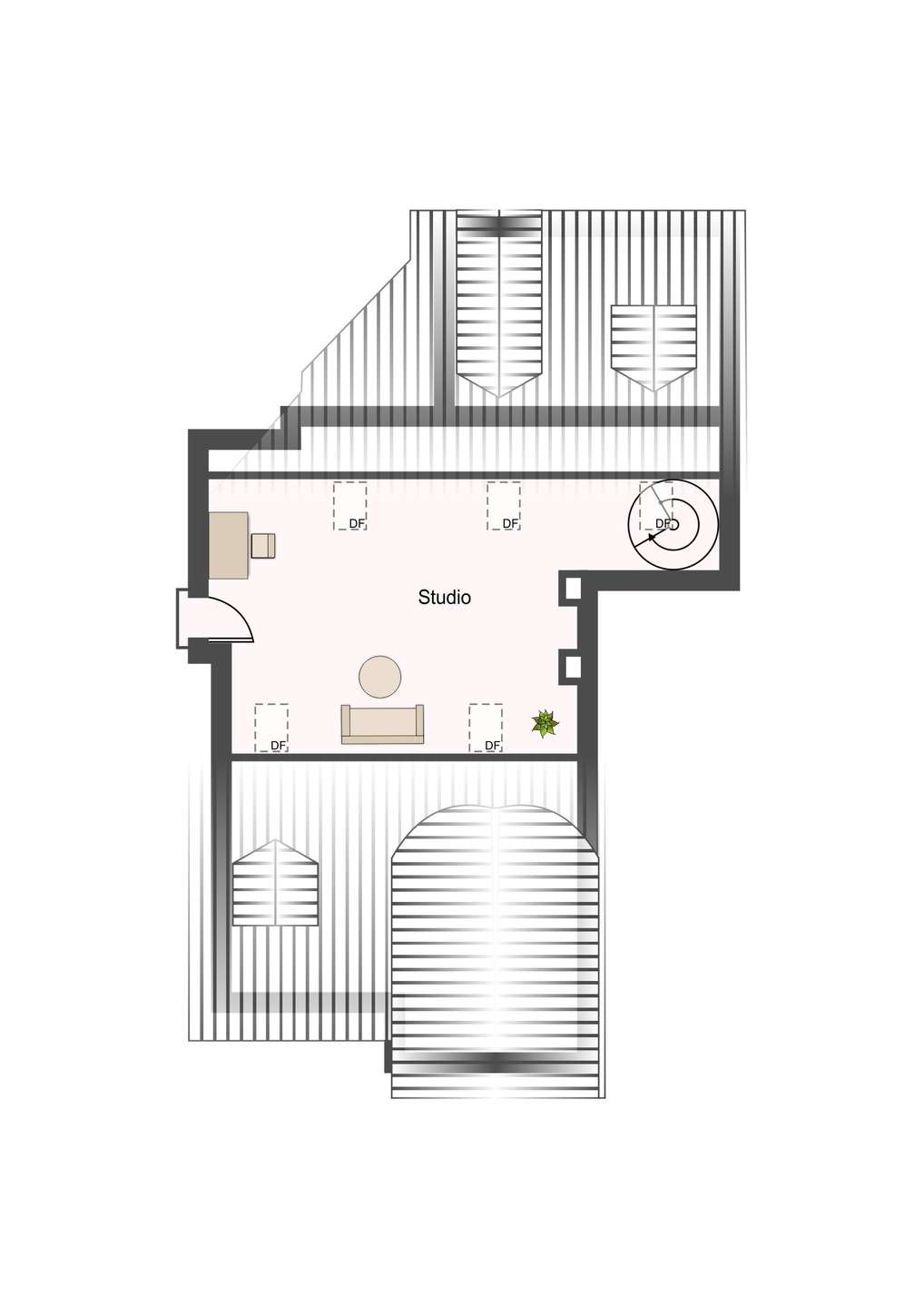 Floor plan of a studio with entrance door, stairwell, and seating area in the center; rooftop or upper-floor layout with surrounding walls and windows nearby.