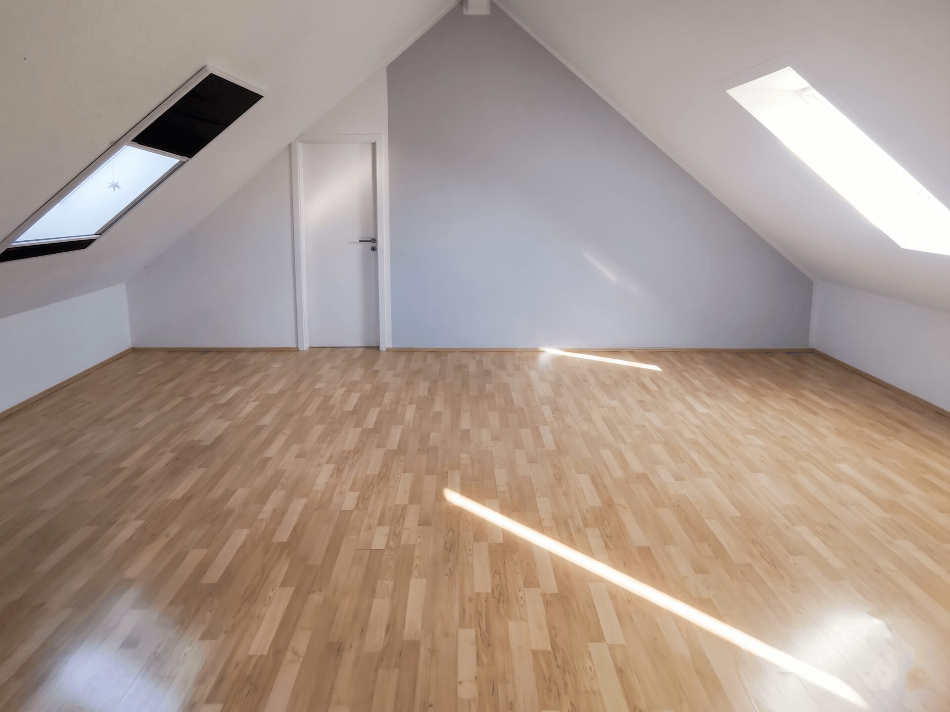 Empty attic room with sloped white walls, a white door, and light wood flooring under a peaked ceiling with skylights on both sides.