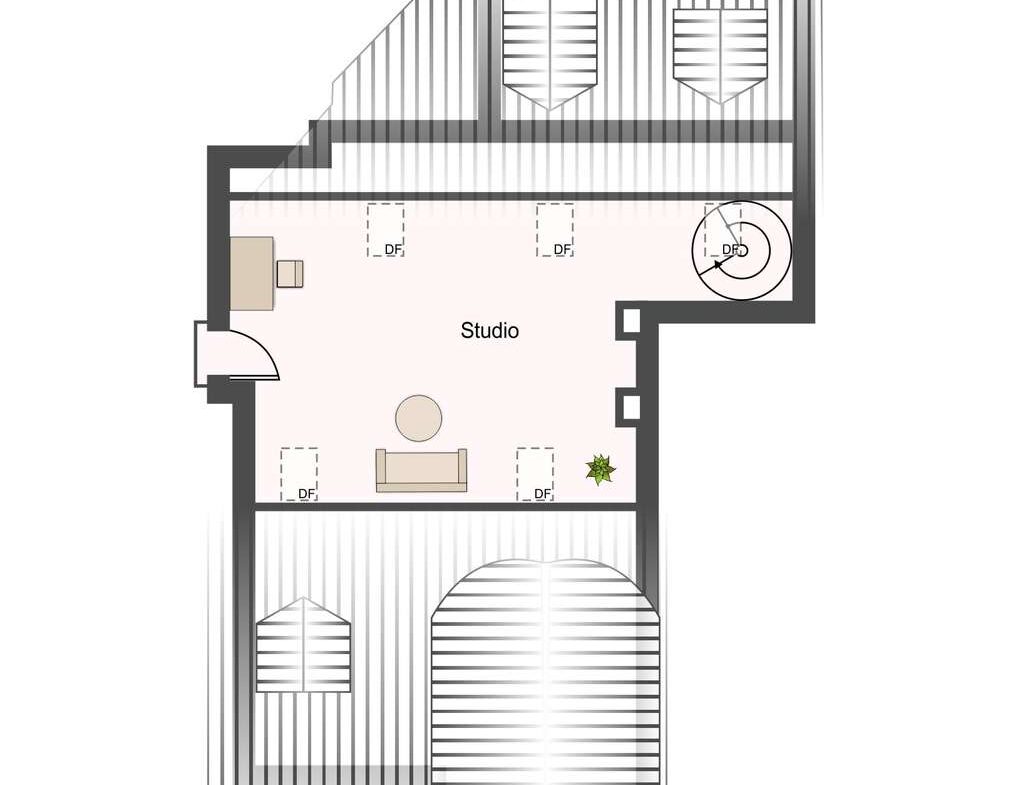 Floor plan of a studio with entry door on the left, seating area in center, plant in lower-right, and a circular staircase on the right side. Roof lines and outline walls are shown.