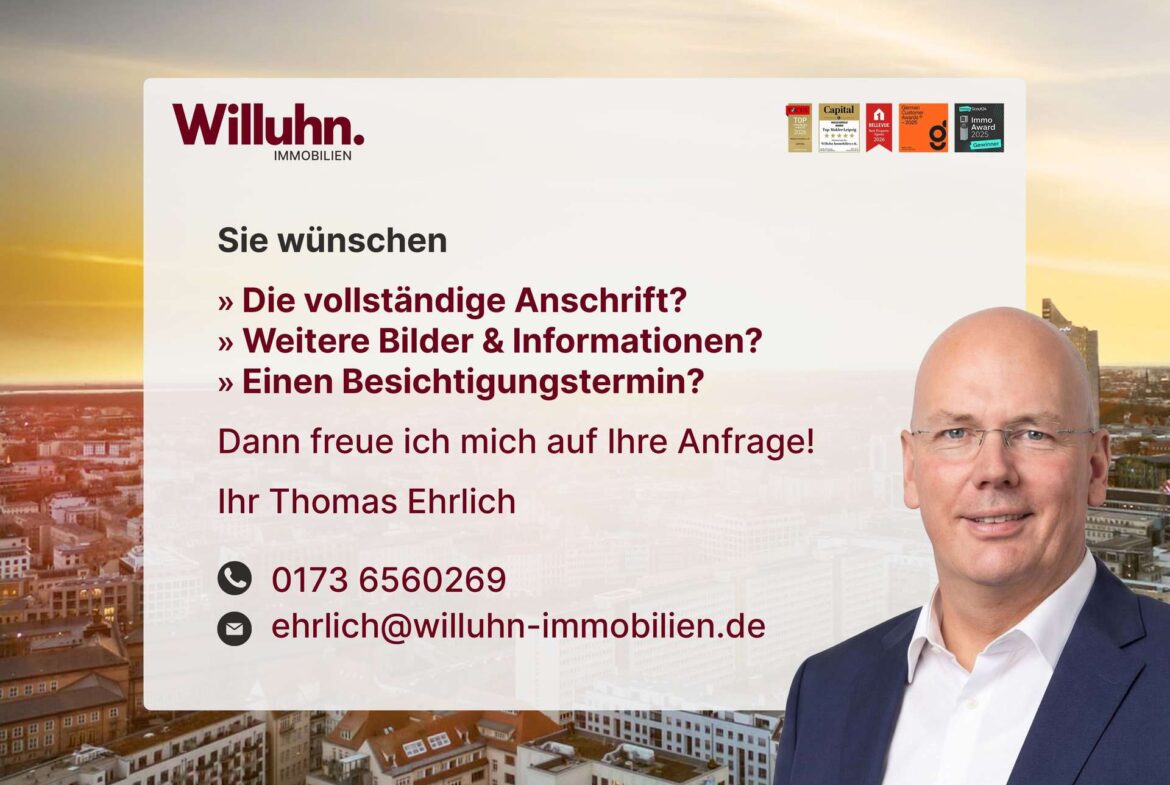 Willuhn Immobilien hero banner with city skyline, large German text and a partial headshot of a man in a suit; contact info visible on a white panel.