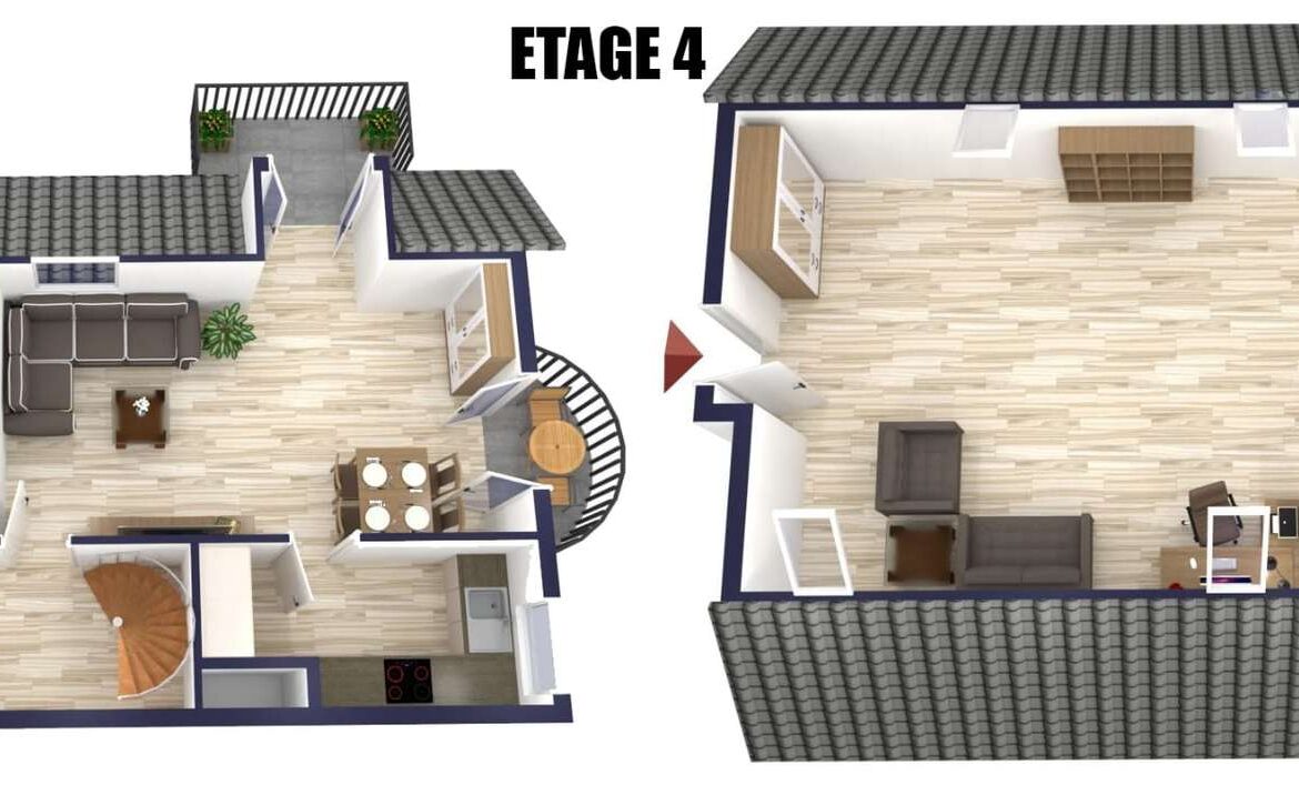 Two-floor apartment layout: Level 3 has bedroom, bathroom, kitchen, dining area and living room; Level 4 is an open loft with a desk and seating, connected by a spiral staircase.