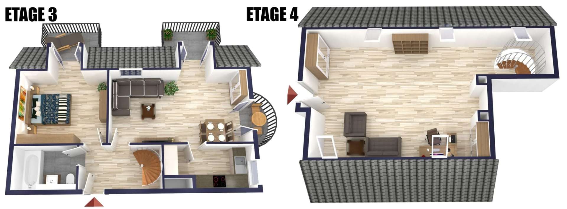 Two-floor apartment layout: Level 3 has bedroom, bathroom, kitchen, dining area and living room; Level 4 is an open loft with a desk and seating, connected by a spiral staircase.