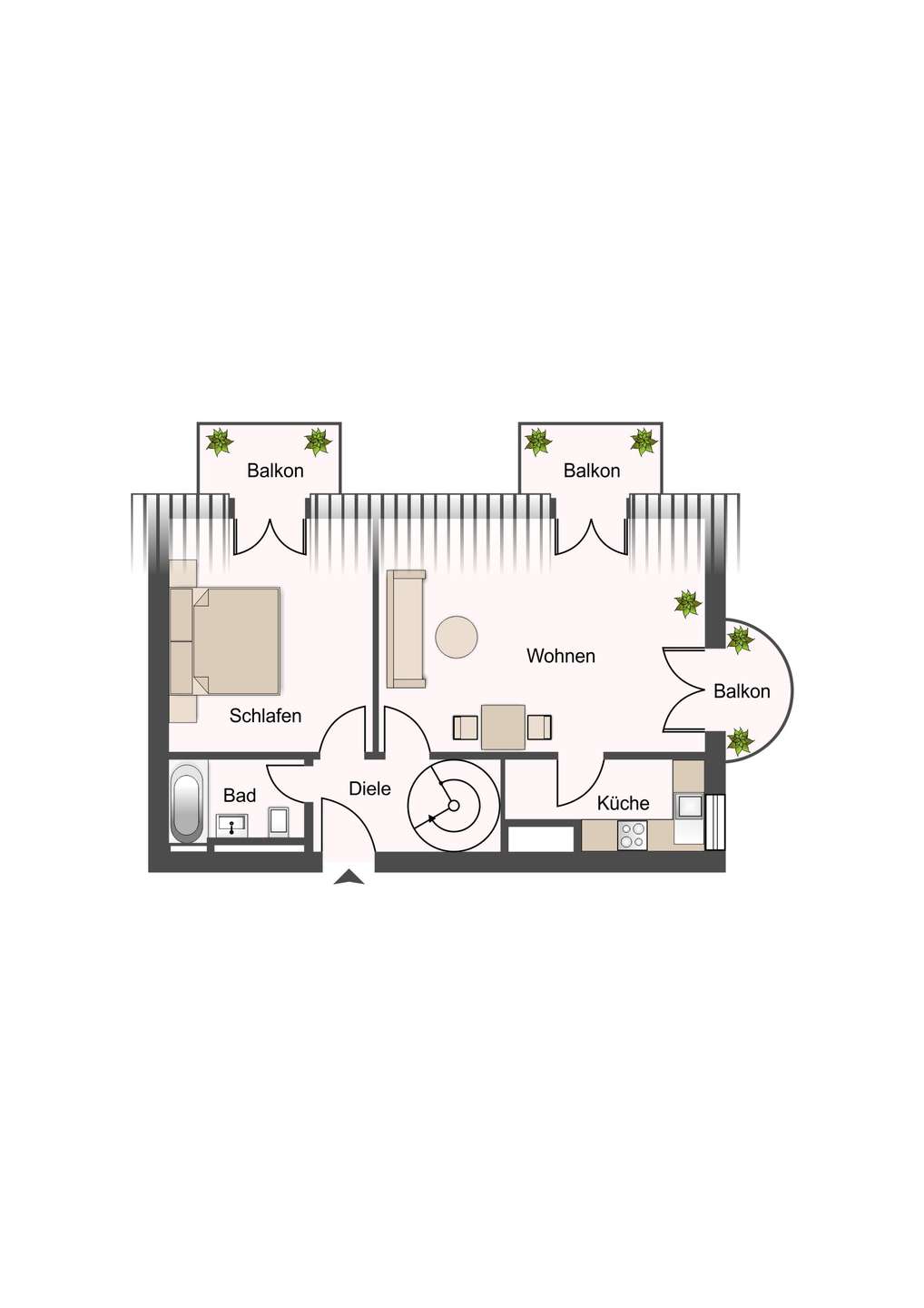 Apartment floor plan: two bedrooms, living room with balcony access, separate kitchen, bathroom, and entry hall (Diele).
