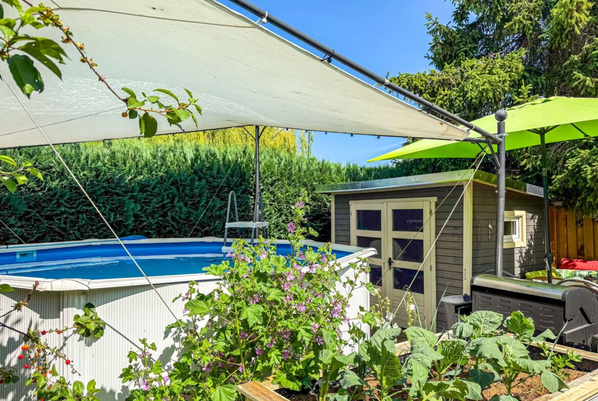 Backyard scene with a blue above-ground pool beneath a white shade sail, surrounded by plants and a small shed.