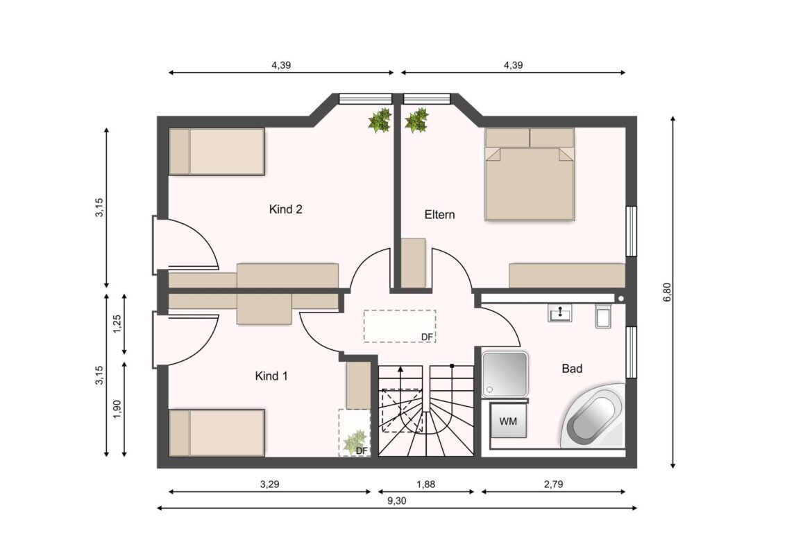Floor plan of a two-bedroom apartment showing Eltern and two Kinder rooms, bathroom, kitchen area, stairs, and entry.