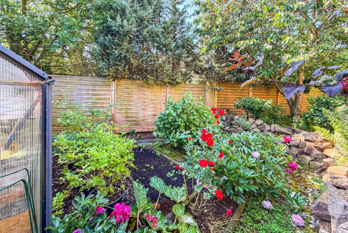 Garden with a wooden fence, colorful flowers (red roses, pink hydrangeas) and a small rock border beside a greenhouse on the left.