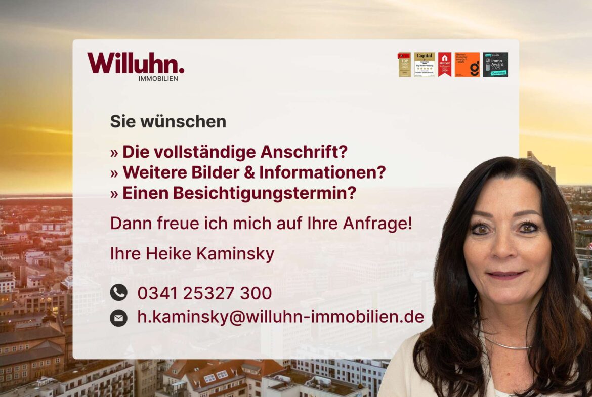 Willuhn Immobilien Banner mit Logo, Überschriften und Kontaktdaten; Stadt skyline im Hintergrund, Frau rechts sichtbar.