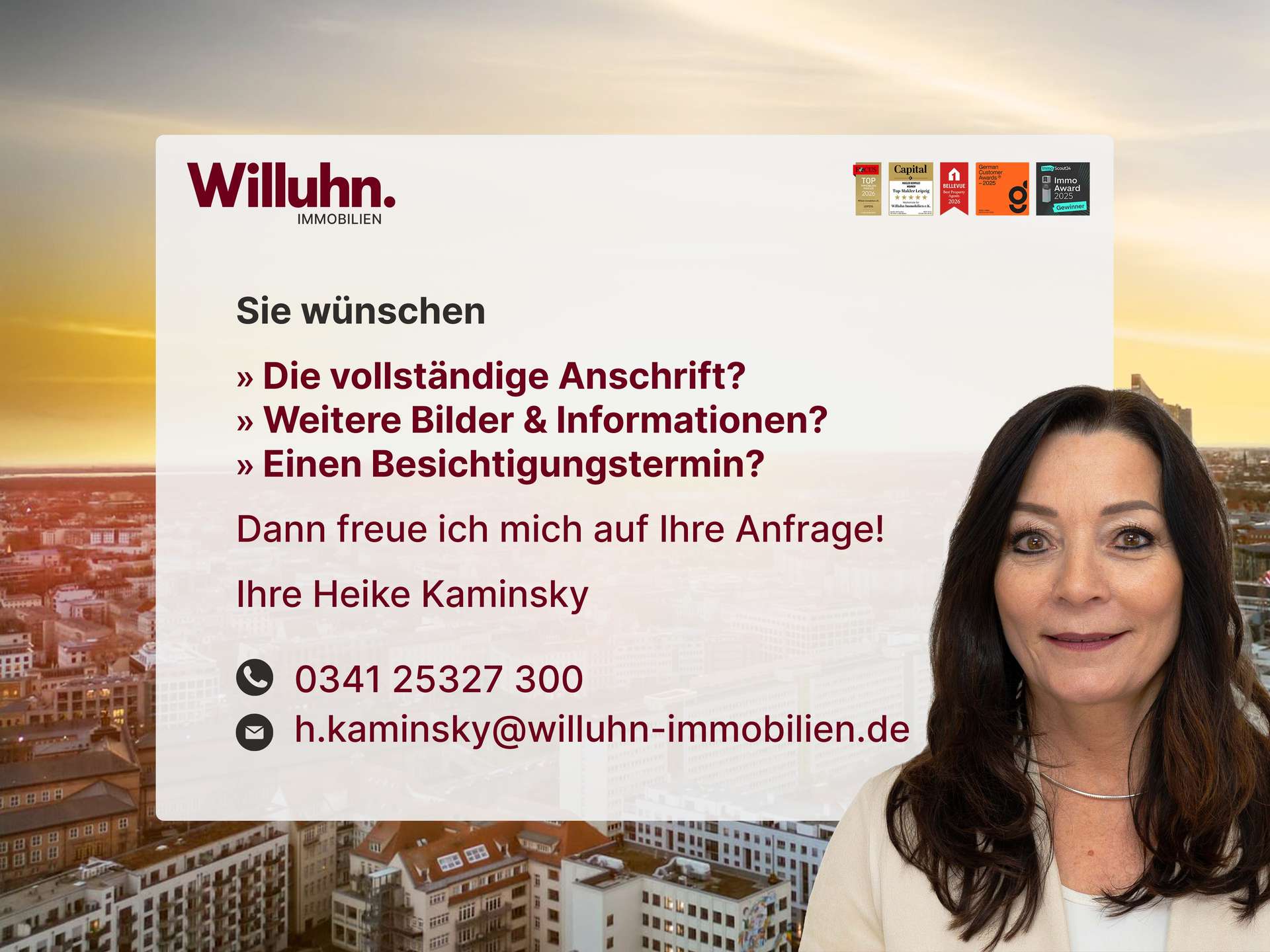 Willuhn Immobilien Banner mit Logo, Überschriften und Kontaktdaten; Stadt skyline im Hintergrund, Frau rechts sichtbar.