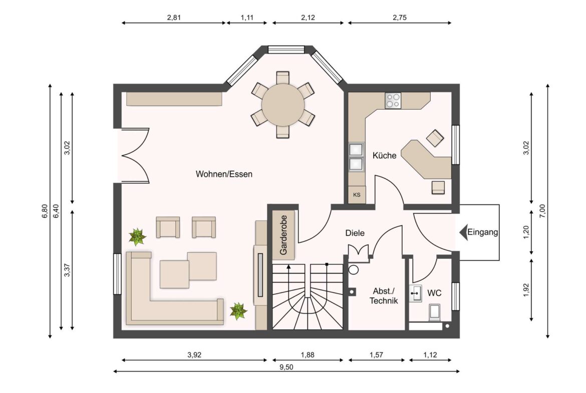 Floor plan of a home: living/dining area on left, central round table, kitchen on the right, entrance at bottom, and stairs in the center with labeled rooms like Diele and Garderobe (German labels).