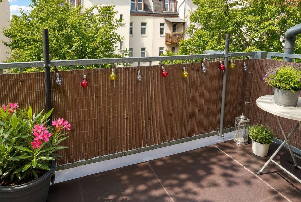 Cozy balcony with a brown bamboo screen, colorful bulb string lights, and potted plants including pink flowers; table with a lantern visible.