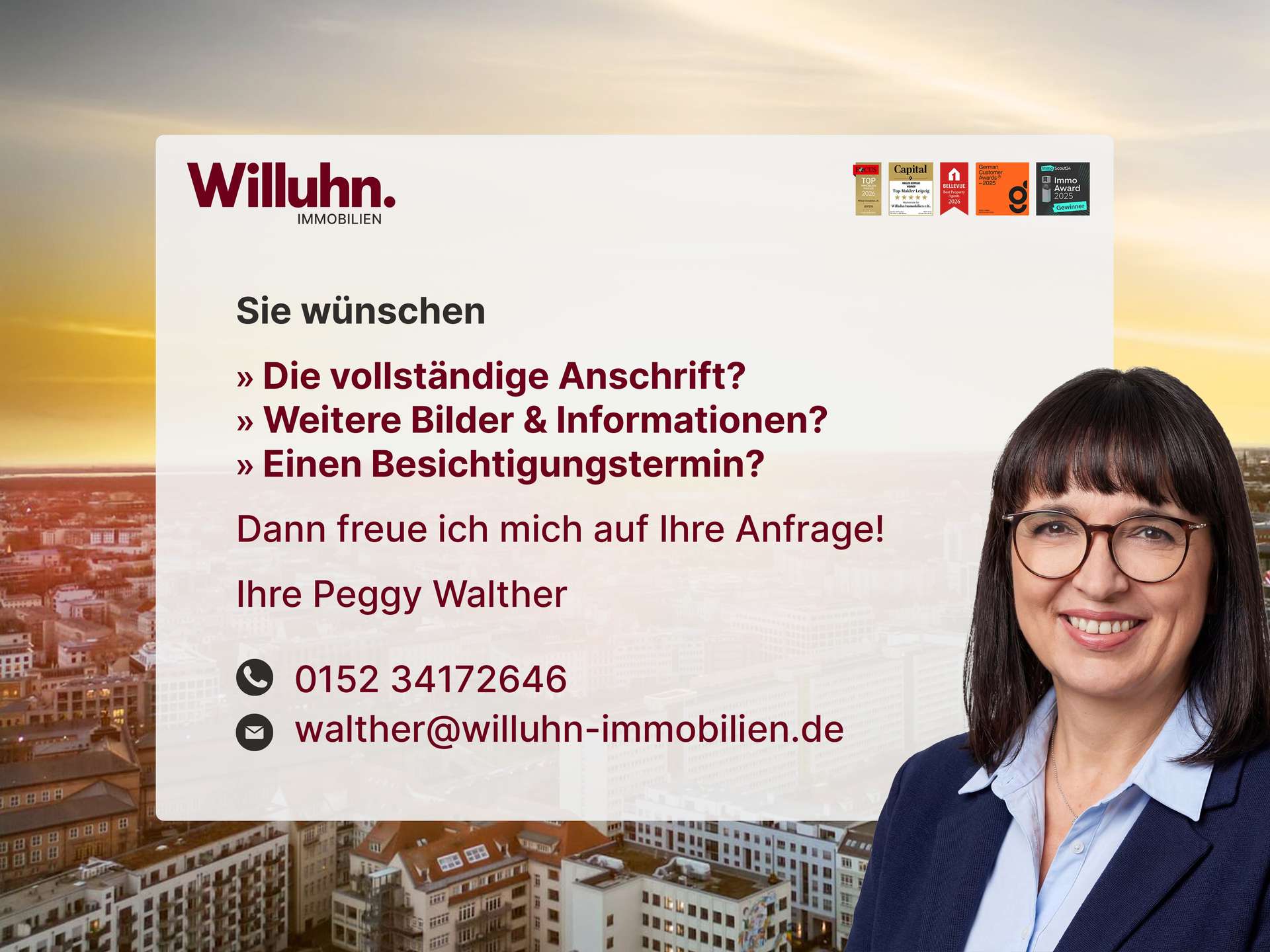Willuhn Immobilien banner with a smiling woman on the right, large German text about services over a cityscape background.