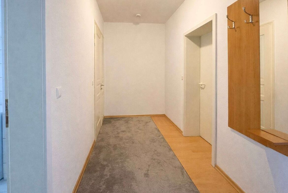 Wide hallway with white walls, beige doors, and a gray carpet runner along a light-wood floor; a wall mirror with hooks on the right.