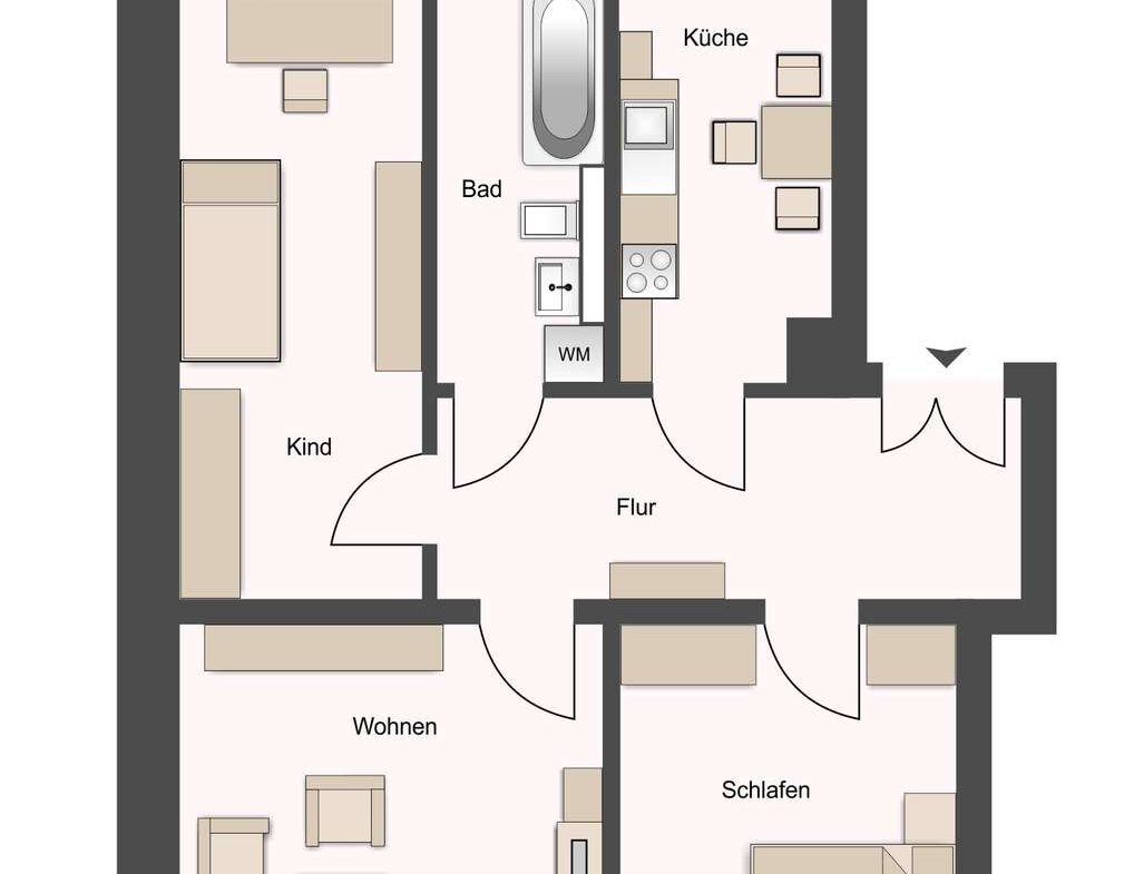 Grundriss einer Wohnung: Wohnzimmer links, Schlafzimmer rechts, Kinderzimmer oben links, Küche oben rechts, Bad in der Mitte, Flur verbindet alle Räume, Balkon oben.