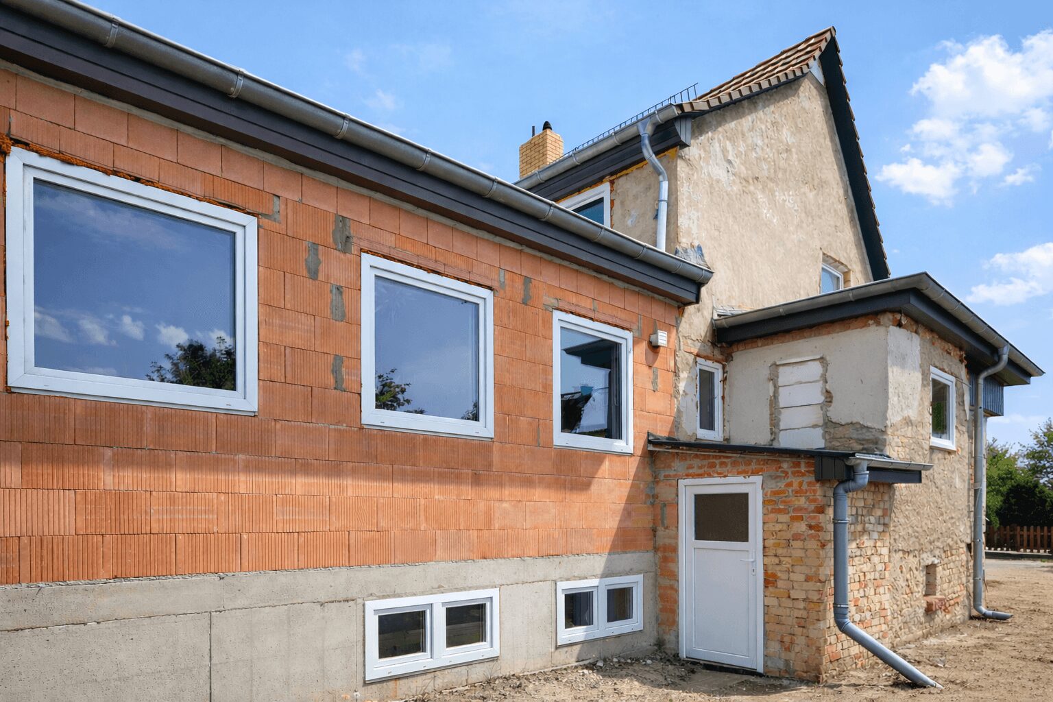 Two-story house under renovation with orange brick wall, exposed plaster, and white-framed windows against a blue sky.