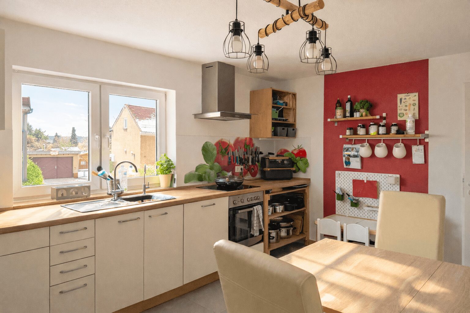 Bright kitchen with white cabinets, wooden countertops, and a red accent wall featuring shelves and mugs; dining table in foreground.