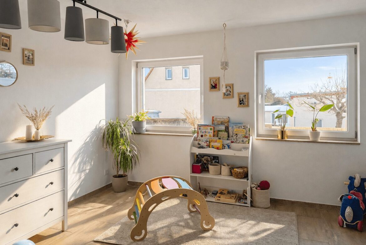 Bright playroom with a white dresser, two windows, plants, and a wooden curved toy on a beige rug.