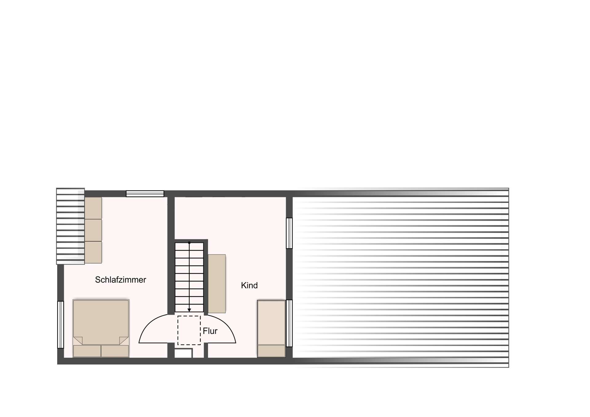 Floor plan of an upper floor: two rooms labeled Schlafzimmer and Kind, central hallway (Flur) with stairs, and a large surrounding terrace or roof area to the right.