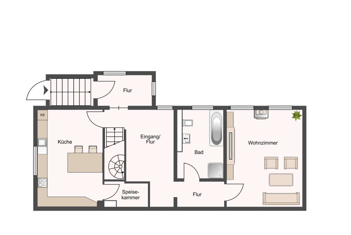 Floor plan of a home showing Küche, Speisekammer, Eingan g/Flur, Flur, Bad, Wohnzimmer, with stairs and entry door (German labels).