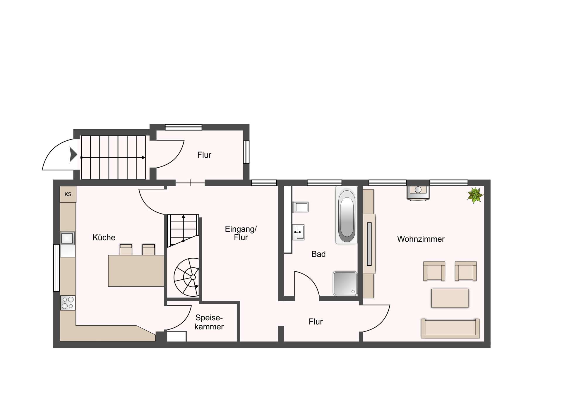 Floor plan of a home showing Küche, Speisekammer, Eingan g/Flur, Flur, Bad, Wohnzimmer, with stairs and entry door (German labels).