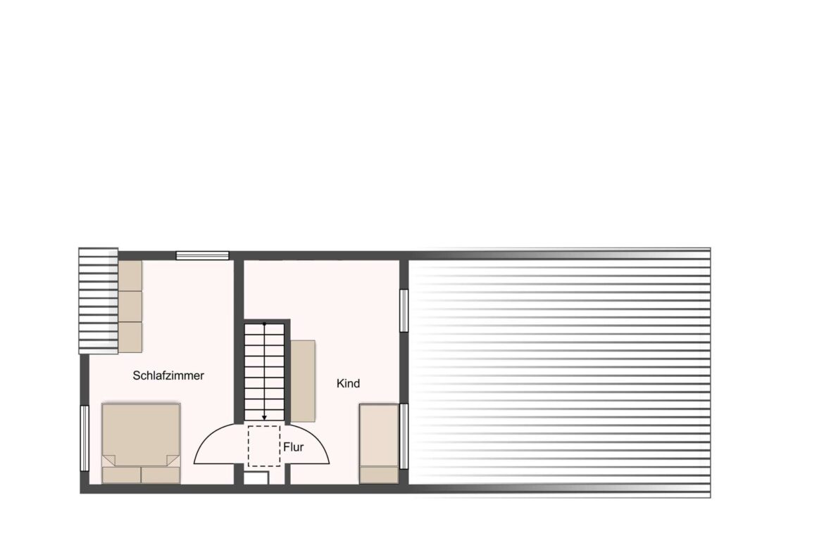 Floor plan of a home showing two bedrooms (Schlafzimmer and Kind), a central hallway (Flur) and staircase with furniture layout.