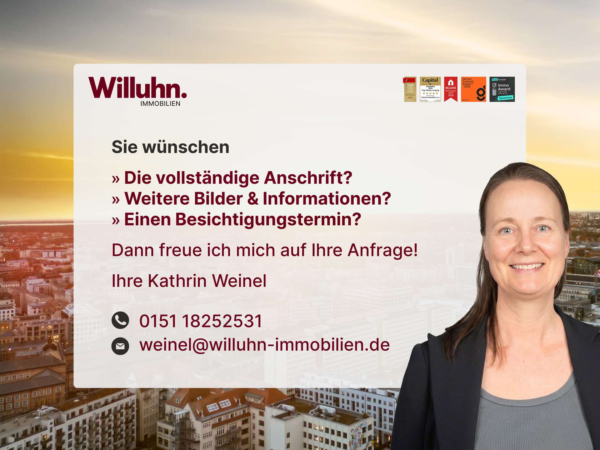Willuhn Immobilien banner with a smiling woman on the right, city skyline background and large German text about contact options and inquiries.