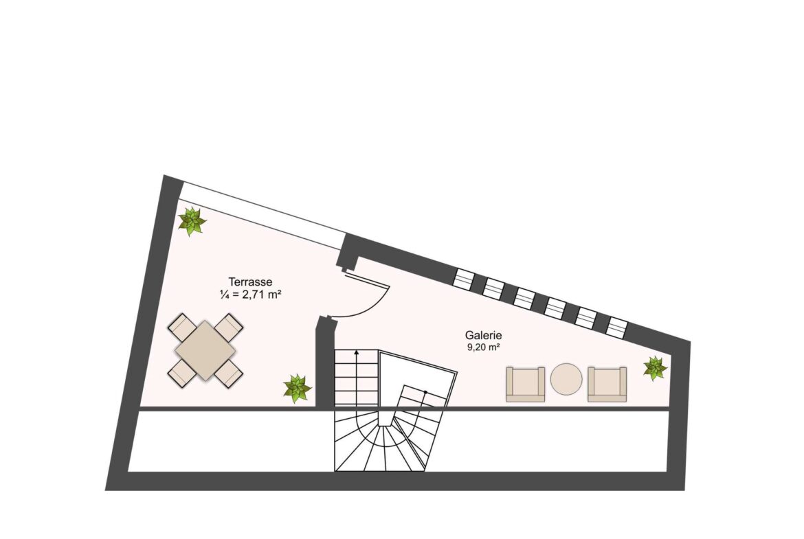 Top-down floor plan showing a wedge-shaped terrace and adjacent gallery with seating, plants, and a staircase.