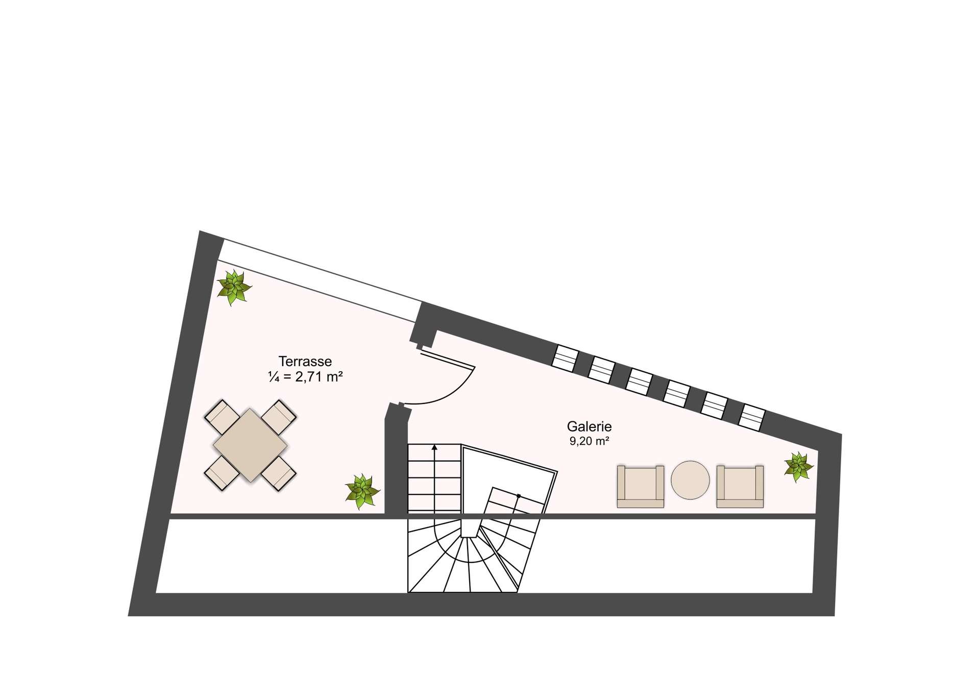 Top-down floor plan showing a wedge-shaped terrace and adjacent gallery with seating, plants, and a staircase.