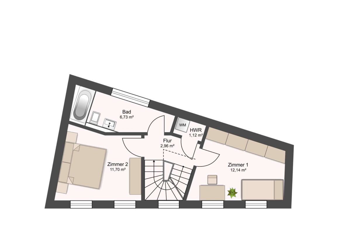 Floor plan of an apartment showing two bedrooms (Zimmer 1 and Zimmer 2), bathroom (Bad), hallway (Flur) and utility room (HWR).