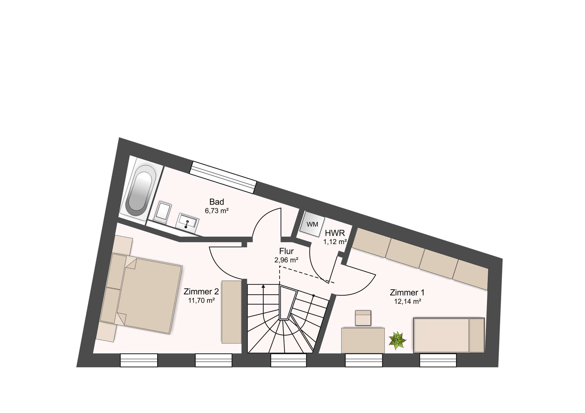 Floor plan of an apartment showing two bedrooms (Zimmer 1 and Zimmer 2), bathroom (Bad), hallway (Flur) and utility room (HWR).