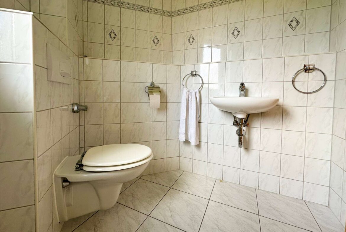 Bathroom with white marble-pattern tiles, a toilet on the left, and a wall-mounted sink on the right; towel rings and a toilet paper holder are visible.