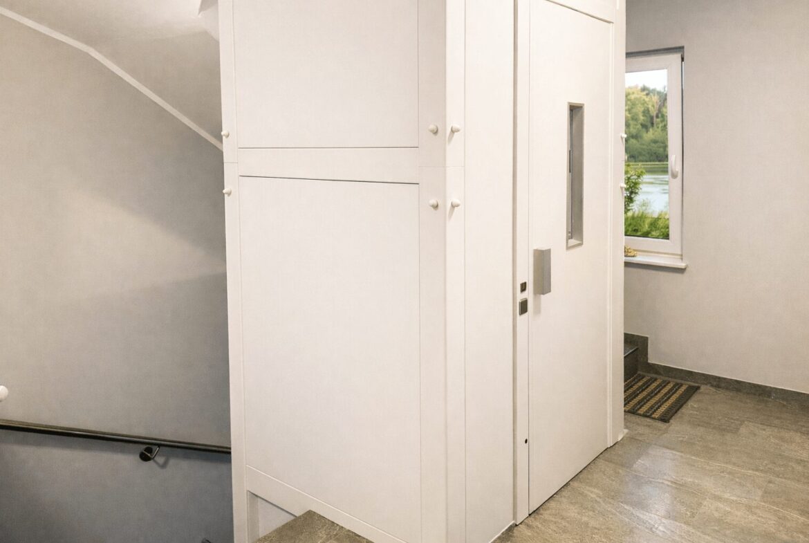 White built-in storage cabinets along a hallway with a door and a window showing greenery outside.