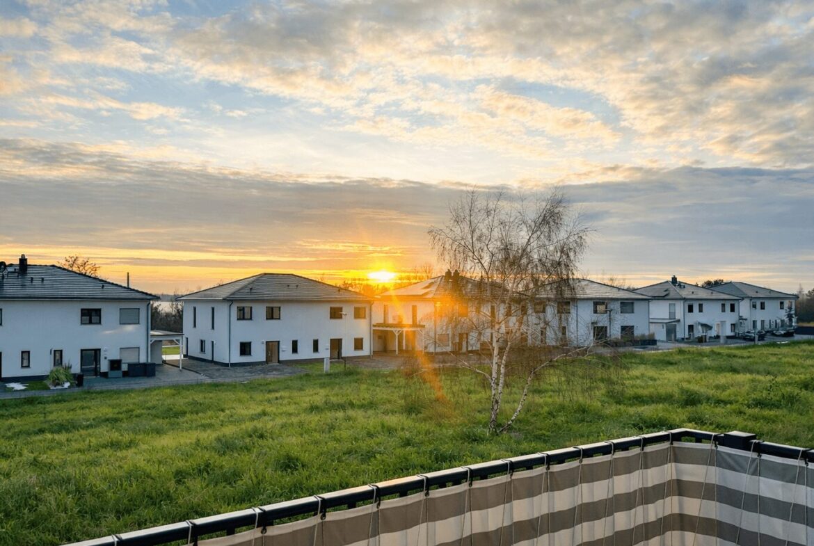 Row of white two-story houses in a new residential development at sunset, with a grassy foreground and a bare tree nearby.
