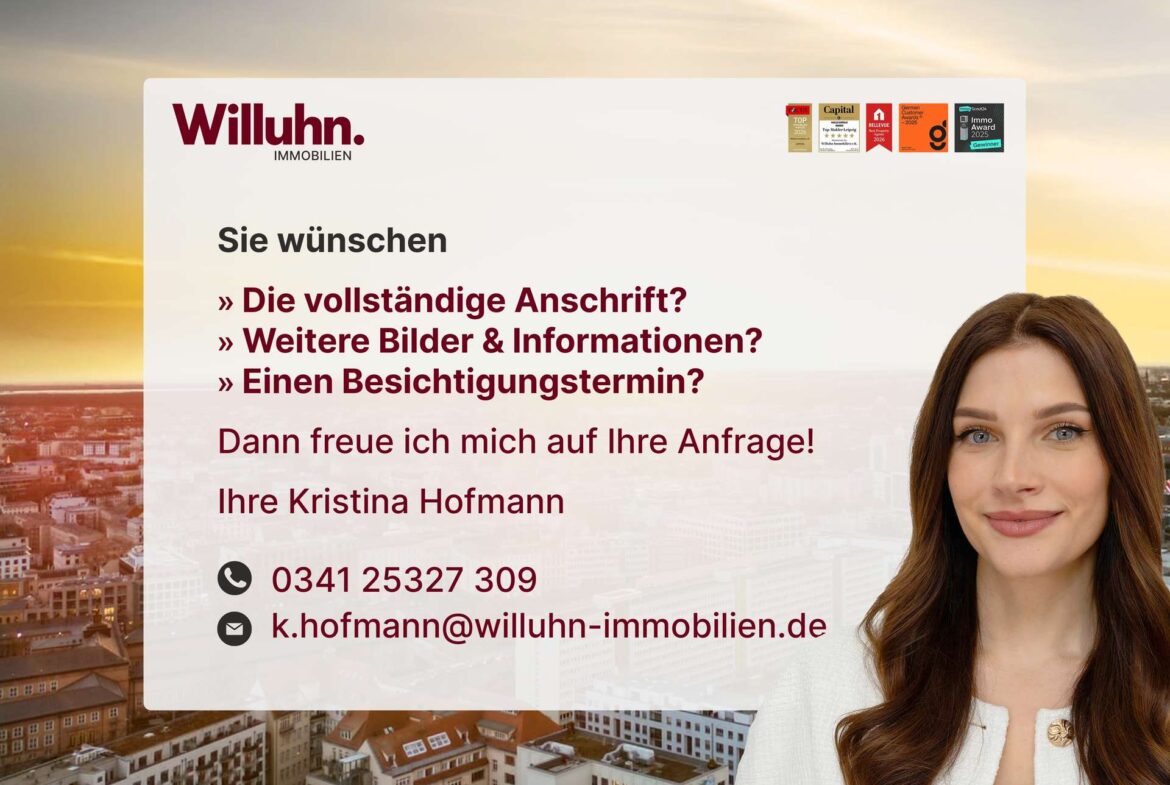 Advertising banner for Willuhn Immobilien featuring a smiling woman on the right and a city skyline background with contact details and awards at the top-right corner.