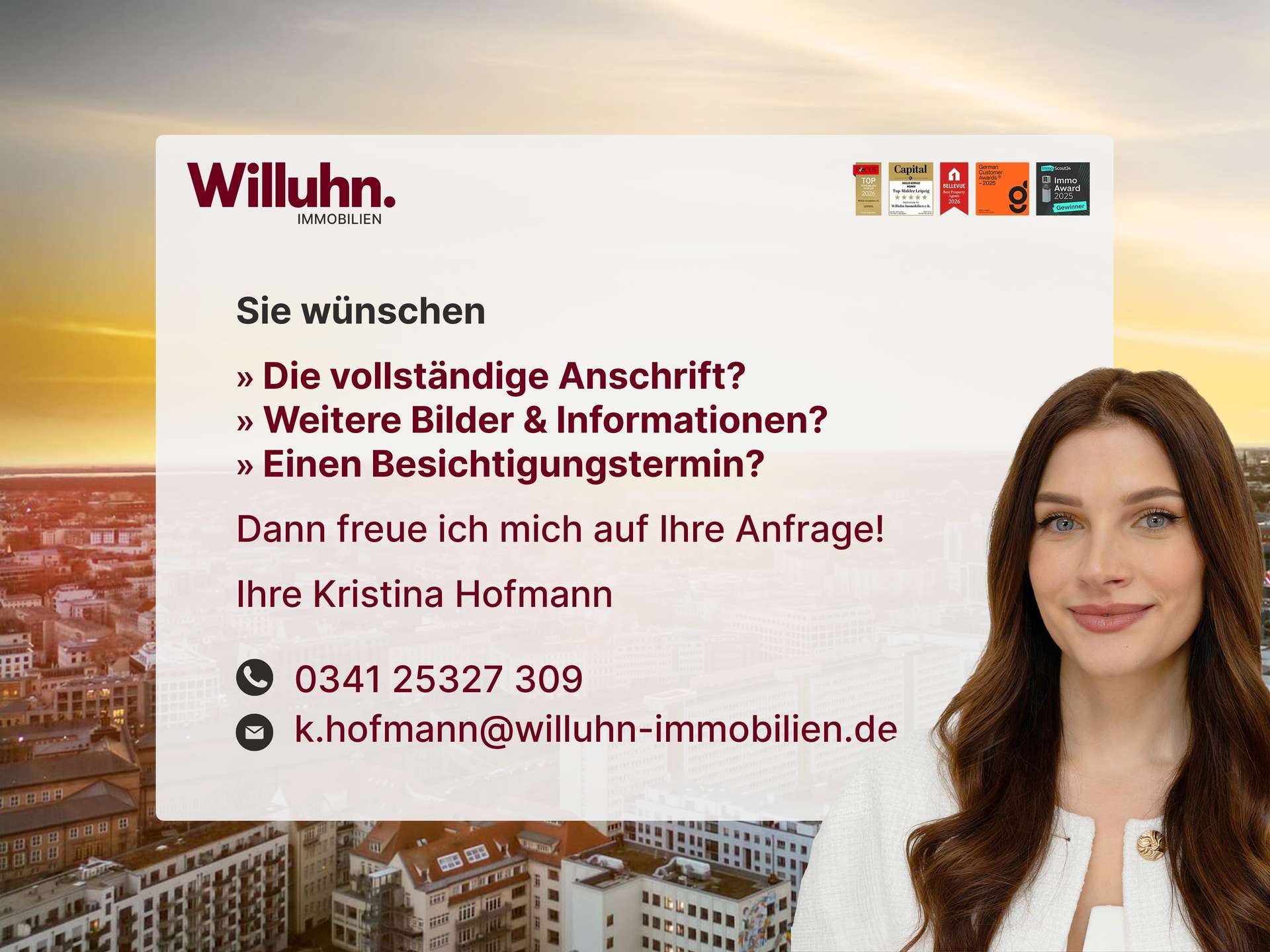 Advertising banner for Willuhn Immobilien featuring a smiling woman on the right and a city skyline background with contact details and awards at the top-right corner.